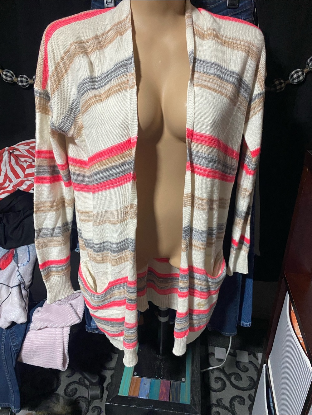 Poof Excellence Open-Front Stripe Cardigan in Cream, Coral, Gray, and Tan